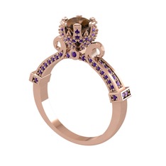Kraliyet Tektaş Yüzük - Dumanlı kuvars ve ametist 14 ayar rose altın yüzük #1niw03n