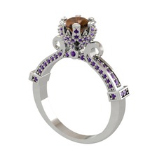 Dumanlı kuvars ve ametist 8 ayar beyaz altın yüzük