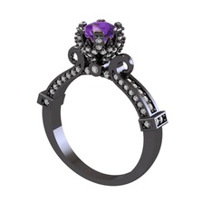 Kraliyet Tektaş Yüzük - Ametist ve beyaz zirkon 925 ayar siyah rodyum kaplama gümüş yüzük #1z9dq5
