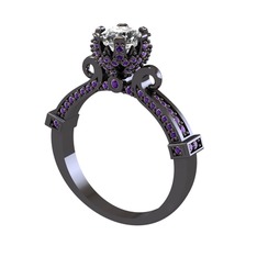 Pırlanta ve ametist 925 ayar siyah rodyum kaplama gümüş yüzük (0.92 karat)