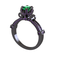 Kraliyet Tektaş Yüzük - Yeşil kuvars ve ametist 925 ayar siyah rodyum kaplama gümüş yüzük #fifh4w