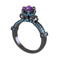 Ametist ve akuamarin 925 ayar siyah rodyum kaplama gümüş yüzük