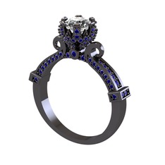 Kraliyet Tektaş Yüzük - Swarovski ve lab safir 925 ayar siyah rodyum kaplama gümüş yüzük #ule62l