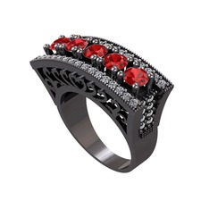 Garnet ve pırlanta 925 ayar siyah rodyum kaplama gümüş yüzük (0.72 karat)