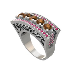 Dumanlı kuvars ve rodolit garnet 14 ayar beyaz altın yüzük