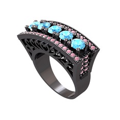 Adalan Yüzük - Akuamarin ve pembe kuvars 925 ayar siyah rodyum kaplama gümüş yüzük #1ilfcgr