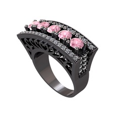 Pembe kuvars ve pırlanta 925 ayar siyah rodyum kaplama gümüş yüzük (0.72 karat)
