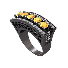 Sitrin ve beyaz zirkon 925 ayar siyah rodyum kaplama gümüş yüzük