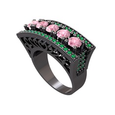 Pembe kuvars ve yeşil kuvars 925 ayar siyah rodyum kaplama gümüş yüzük