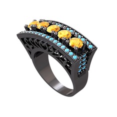 Sitrin ve akuamarin 925 ayar siyah rodyum kaplama gümüş yüzük