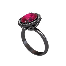 Maahes Yüzük - Rodolit garnet ve beyaz zirkon 925 ayar siyah rodyum kaplama gümüş yüzük #1oh3889