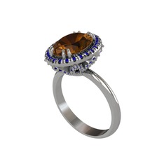 Maahes Yüzük - Dumanlı kuvars ve lab safir 14 ayar beyaz altın yüzük #23mmya