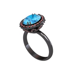 Akuamarin ve garnet 925 ayar siyah rodyum kaplama gümüş yüzük