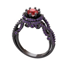 Luana Tektaş Yüzük - Garnet ve ametist 925 ayar siyah rodyum kaplama gümüş yüzük #14pus9m