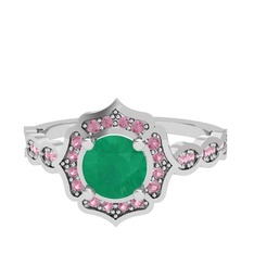 Kök zümrüt ve pembe kuvars 18 ayar beyaz altın yüzük