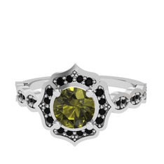 Peridot ve siyah zirkon 18 ayar beyaz altın yüzük