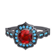 Garnet ve akuamarin 925 ayar siyah rodyum kaplama gümüş yüzük