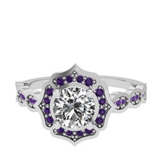 Swarovski ve ametist 8 ayar beyaz altın yüzük