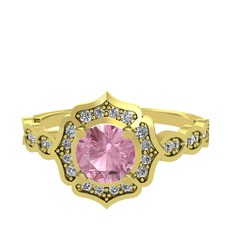 Pembe kuvars ve beyaz zirkon 18 ayar altın yüzük
