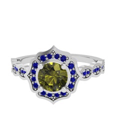 Peridot ve lab safir 18 ayar beyaz altın yüzük