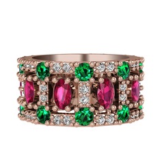 Rodolit garnet, yeşil kuvars ve beyaz zirkon 8 ayar rose altın yüzük