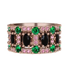 Zelie Tamtur Yüzük - Siyah zirkon, yeşil kuvars ve pembe kuvars 14 ayar rose altın yüzük #10wk3sw