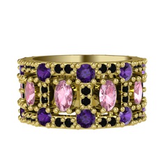 Pembe kuvars, ametist ve siyah zirkon 925 ayar altın kaplama gümüş yüzük