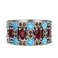 Zelie Tamtur Yüzük - Kök yakut, akuamarin ve dumanlı kuvars 18 ayar beyaz altın yüzük #12khqqj