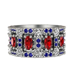 Garnet, beyaz zirkon ve lab safir 18 ayar beyaz altın yüzük
