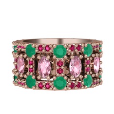 Zelie Tamtur Yüzük - Pembe kuvars, kök zümrüt ve rodolit garnet 14 ayar rose altın yüzük #13g3ui0