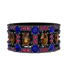 Zelie Tamtur Yüzük - Dumanlı kuvars, lab safir ve rodolit garnet 925 ayar siyah rodyum kaplama gümüş yüzük #13rvwj