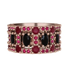 Siyah zirkon, kök yakut ve rodolit garnet 8 ayar rose altın yüzük