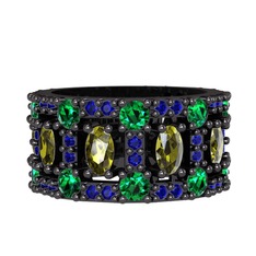 Peridot, yeşil kuvars ve lab safir 925 ayar siyah rodyum kaplama gümüş yüzük