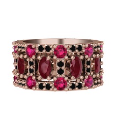 Kök yakut, rodolit garnet ve siyah zirkon 8 ayar rose altın yüzük