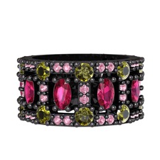 Zelie Tamtur Yüzük - Rodolit garnet, peridot ve pembe kuvars 925 ayar siyah rodyum kaplama gümüş yüzük #15g7345