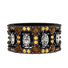 Zelie Tamtur Yüzük - Beyaz zirkon, dumanlı kuvars ve sitrin 925 ayar siyah rodyum kaplama gümüş yüzük #15t9x3a