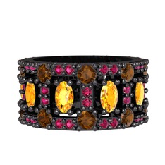 Zelie Tamtur Yüzük - Sitrin, dumanlı kuvars ve rodolit garnet 925 ayar siyah rodyum kaplama gümüş yüzük #1609s1k