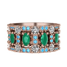 Zelie Tamtur Yüzük - Kök zümrüt, pırlanta ve akuamarin 925 ayar rose altın kaplama gümüş yüzük (1.76 karat) #166z4r1