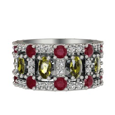 Zelie Tamtur Yüzük - Peridot, kök yakut ve beyaz zirkon 14 ayar beyaz altın yüzük #16etjq8