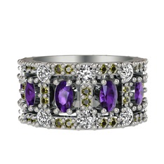 Ametist, pırlanta ve peridot 925 ayar gümüş yüzük (1.76 karat)