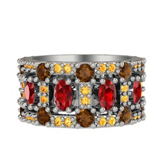 Garnet, dumanlı kuvars ve sitrin 8 ayar beyaz altın yüzük