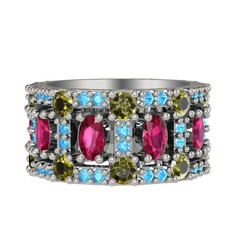Rodolit garnet, peridot ve akuamarin 8 ayar beyaz altın yüzük