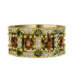 Dumanlı kuvars, peridot ve swarovski 8 ayar altın yüzük