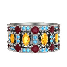 Sitrin, kök yakut ve akuamarin 8 ayar beyaz altın yüzük