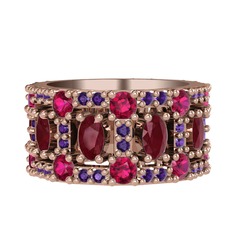 Kök yakut, rodolit garnet ve ametist 8 ayar rose altın yüzük