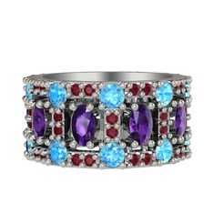 Zelie Tamtur Yüzük - Ametist, akuamarin ve kök yakut 8 ayar beyaz altın yüzük #18u21u3