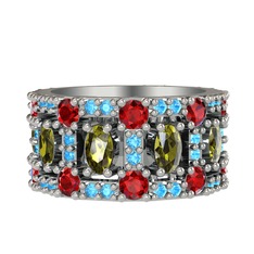 Peridot, garnet ve akuamarin 8 ayar beyaz altın yüzük