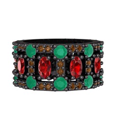 Zelie Tamtur Yüzük - Garnet, kök zümrüt ve dumanlı kuvars 925 ayar siyah rodyum kaplama gümüş yüzük #193rh2b