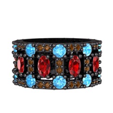 Zelie Tamtur Yüzük - Garnet, akuamarin ve dumanlı kuvars 925 ayar siyah rodyum kaplama gümüş yüzük #19agbb2