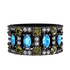 Zelie Tamtur Yüzük - Akuamarin, peridot ve pırlanta 925 ayar siyah rodyum kaplama gümüş yüzük (0.66 karat) #19c0dqa